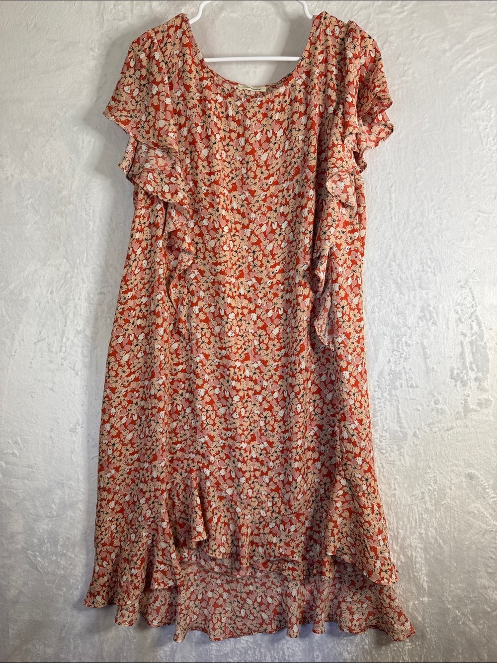 Floral Ruffle Shift Dress in Coral and Cream
